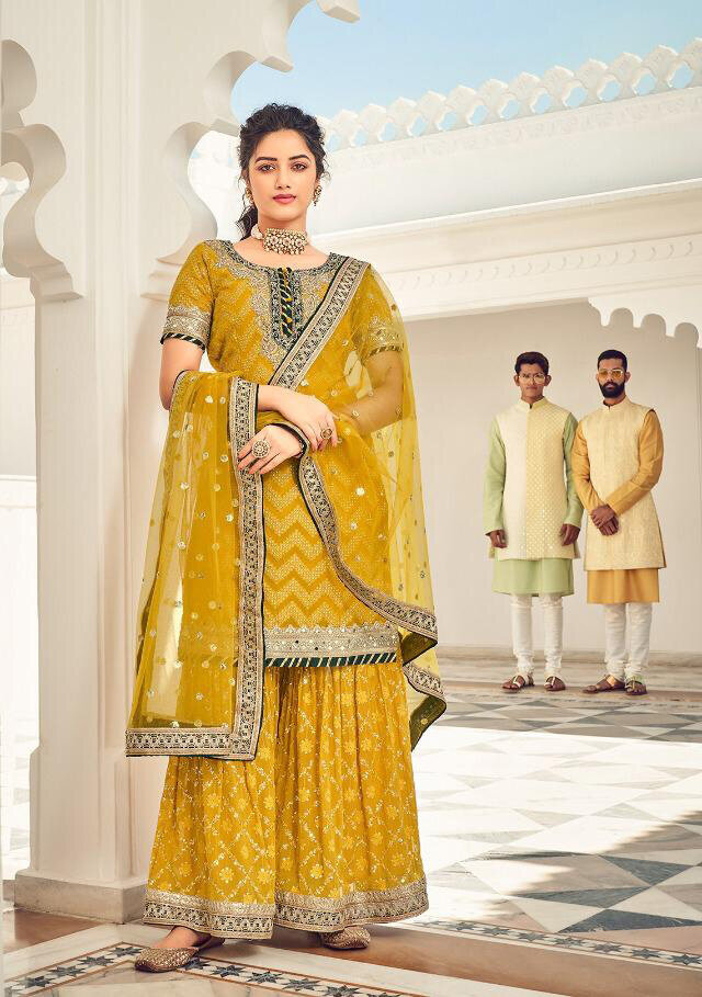 Party Wear Mustard Yellow Plazzo Suit In Faux Georgette With Heavy Embroidery