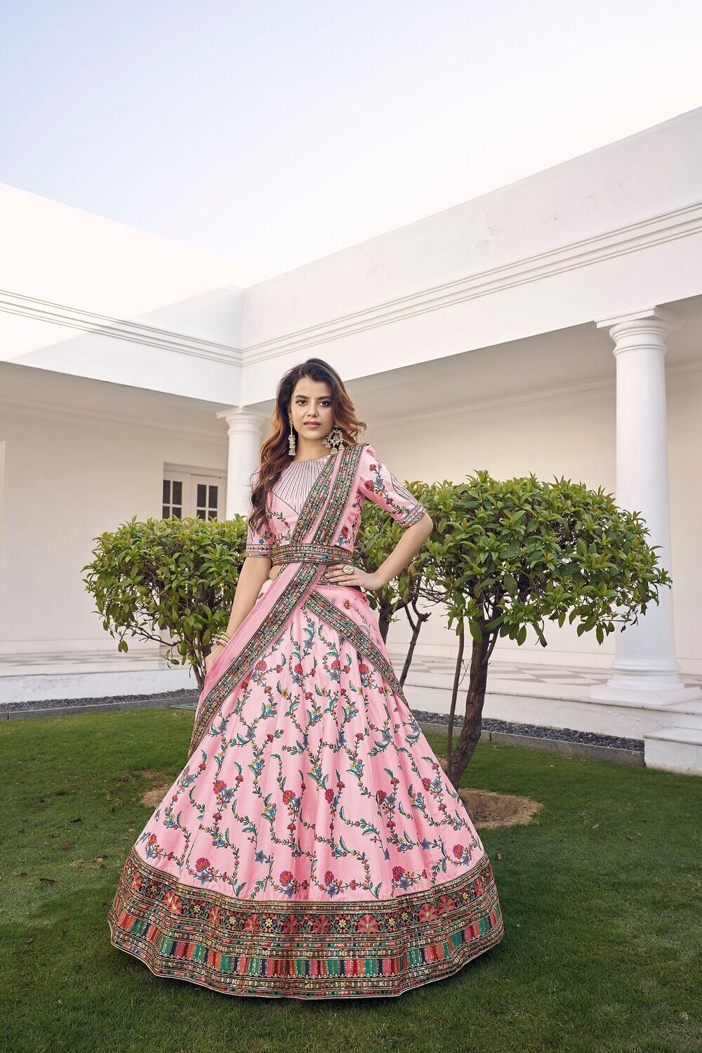 Pink Silk Thread With Sequence Embroidered Lehenga Choli With Belt