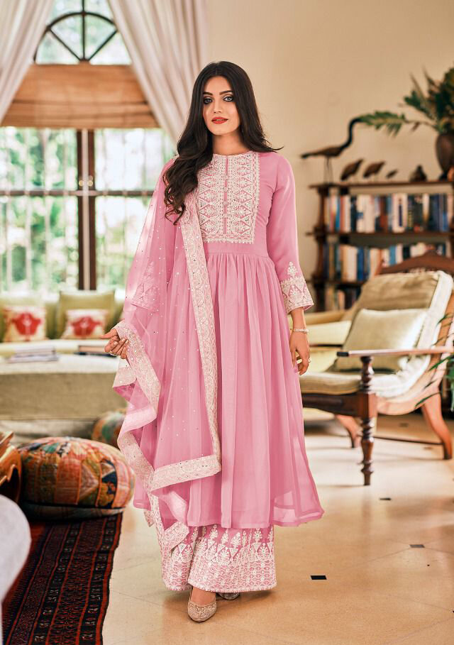 Plazzo Suit For Wedding With Embroidery In Light Pink
