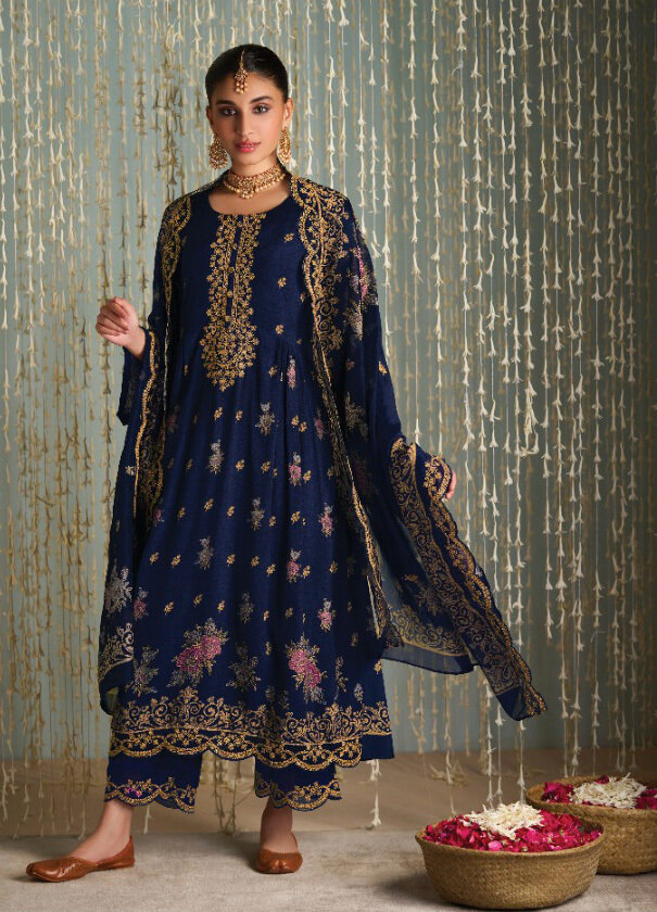 Pure Classic Silk Digital Print With Dori Embroidered Plazzo Suit In Royal Blue