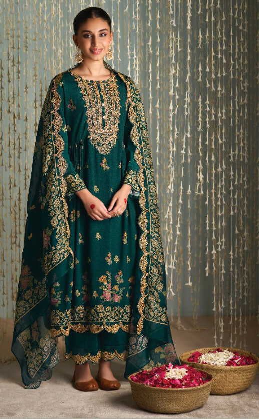 Pure Classic Silk Digital Print With Dori Embroidered Plazzo Suit In Teal Blue