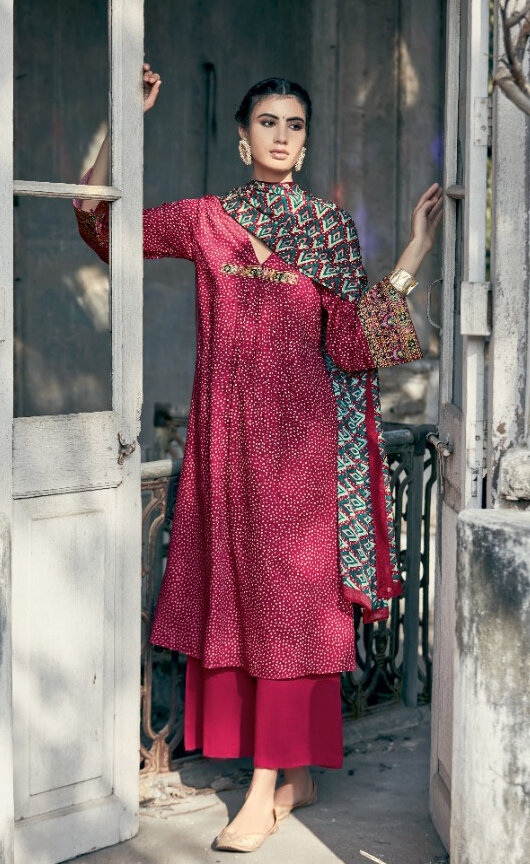 Pure cotton Embroidered Digital Print Pant Suit In Rani