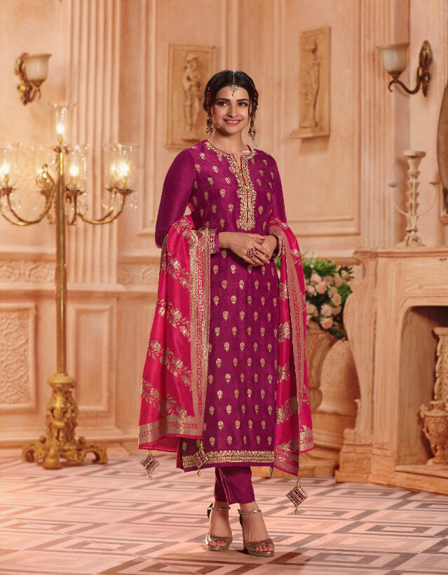 Pure Dola Jacquard Plazzo Suit In Pink