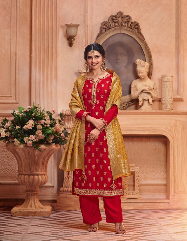 Pure Dola Jacquard Plazzo Suit In Red