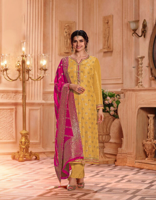 Pure Dola Jacquard Plazzo Suit In Yellow