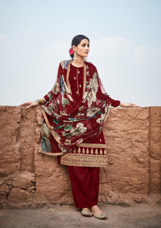 Pure Georgette Embroidered Plazzo Suit In Brick Red