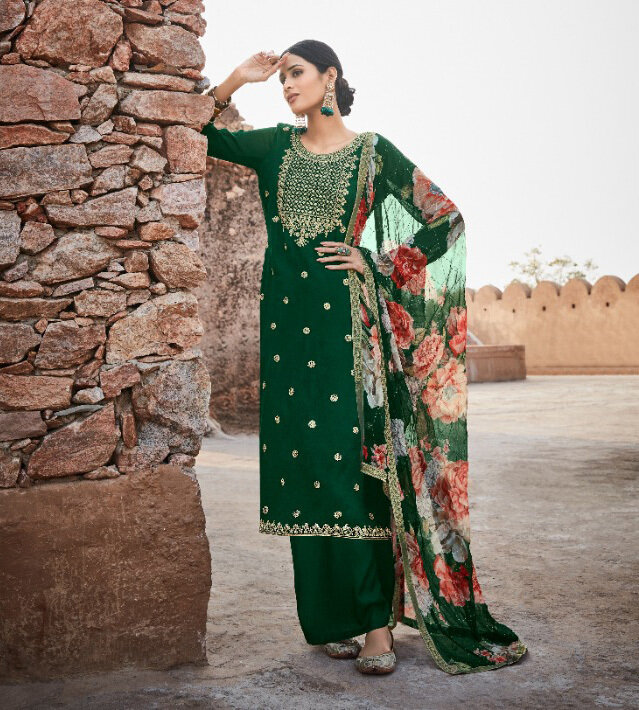 Pure Georgette Embroidered Plazzo Suit In Dark Green