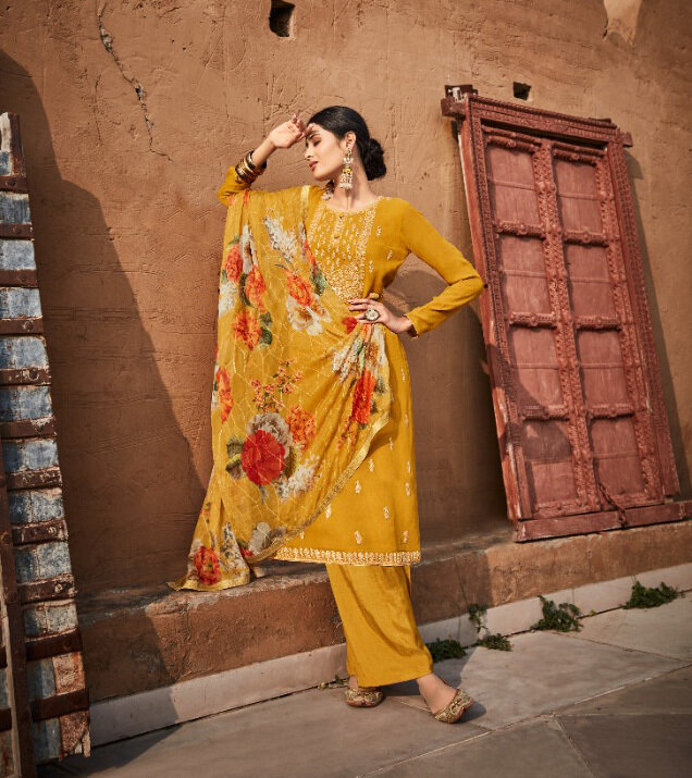 Pure Georgette Embroidered Plazzo Suit In Mustard Yellow