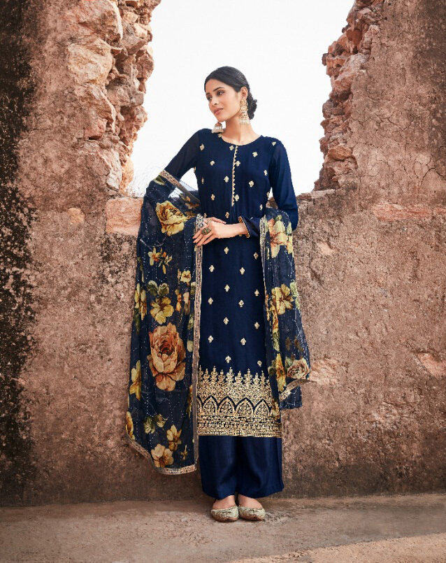 Pure Georgette Embroidered Plazzo Suit In Prussian Blue