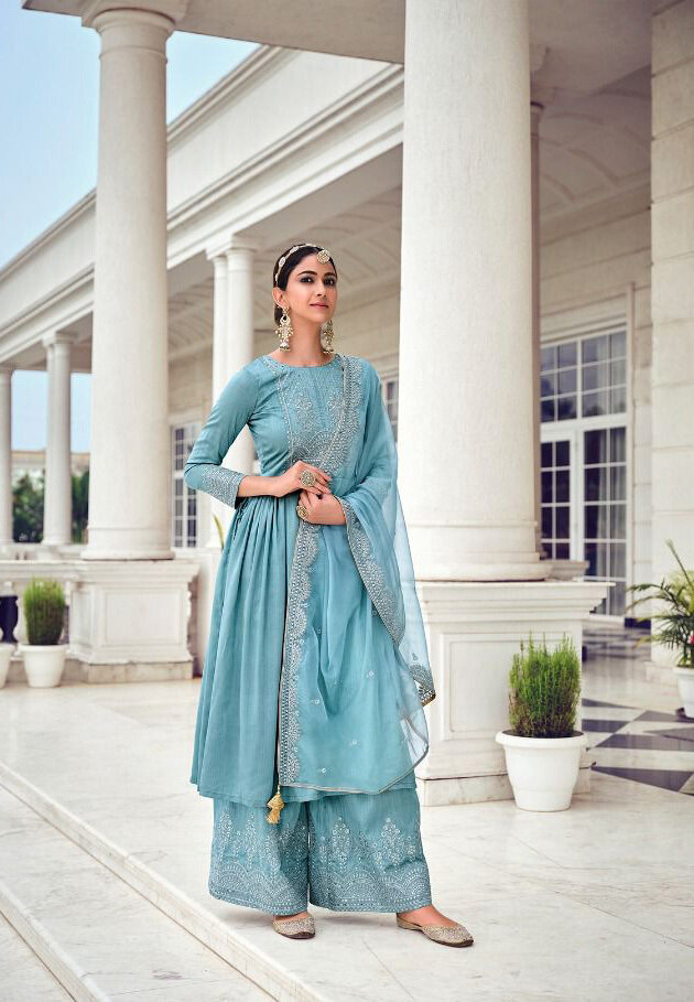Pure Kuntal Silk Embroidered Plazzo Suit In Blue