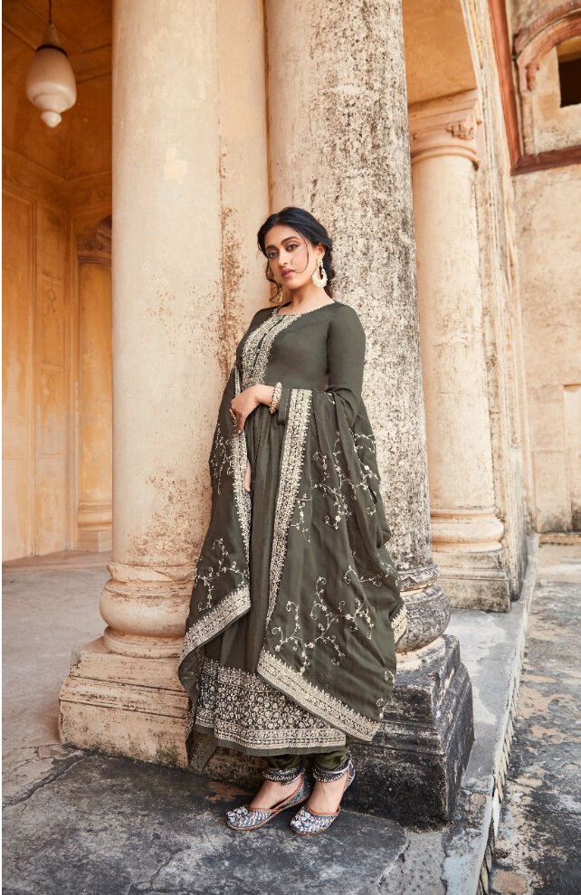 Pure Russian Silk Cord Embroidered Anarkali Suit In Grey