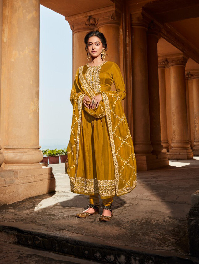 Pure Russian Silk Cord Embroidered Anarkali Suit In Mustard Yellow