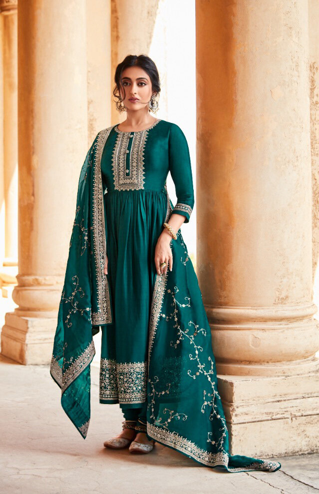Pure Russian Silk Cord Embroidered Anarkali Suit In Teal Blue