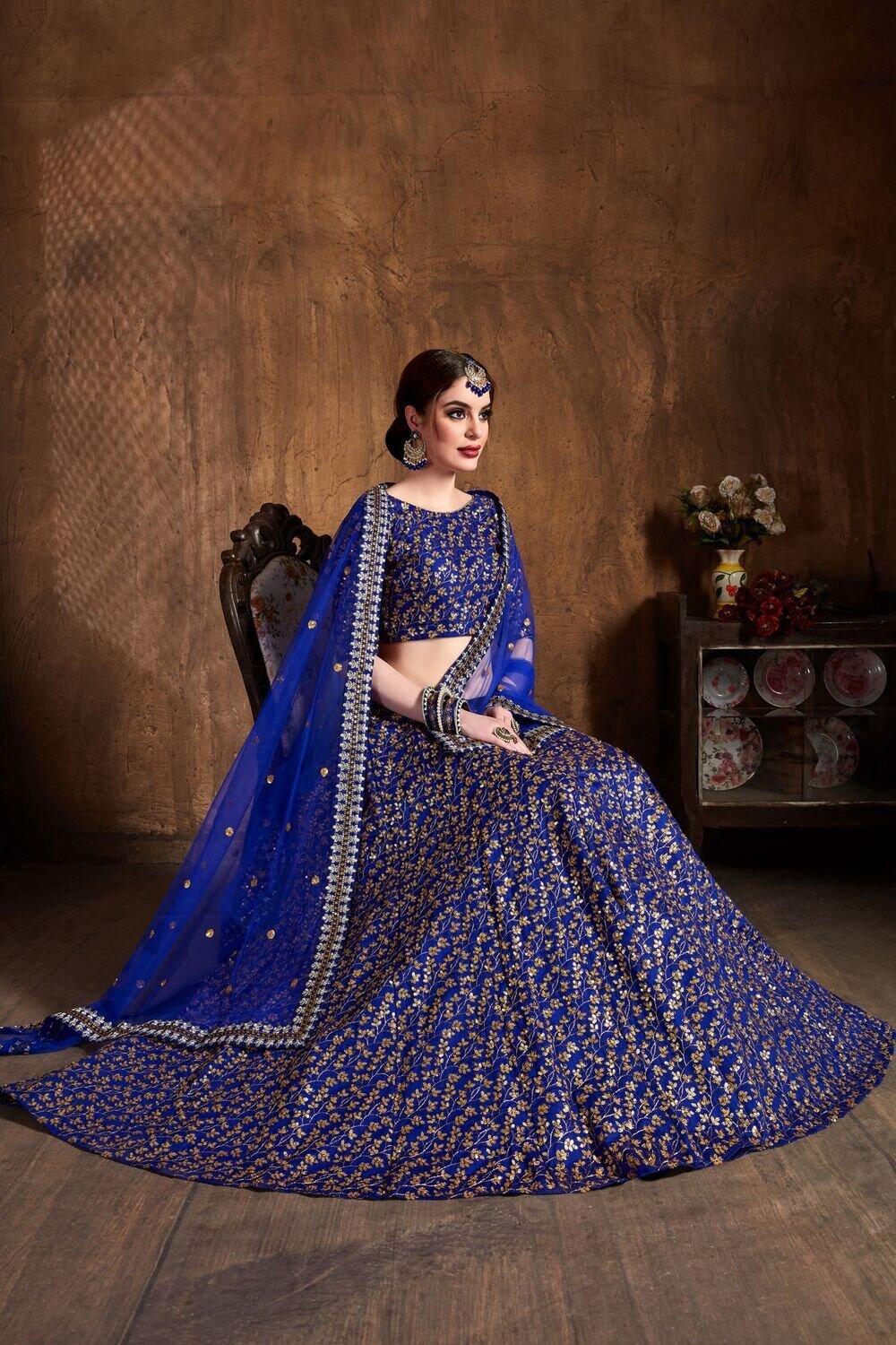 Raw Silk Engagement Lehenga in Blue with Embroidered work