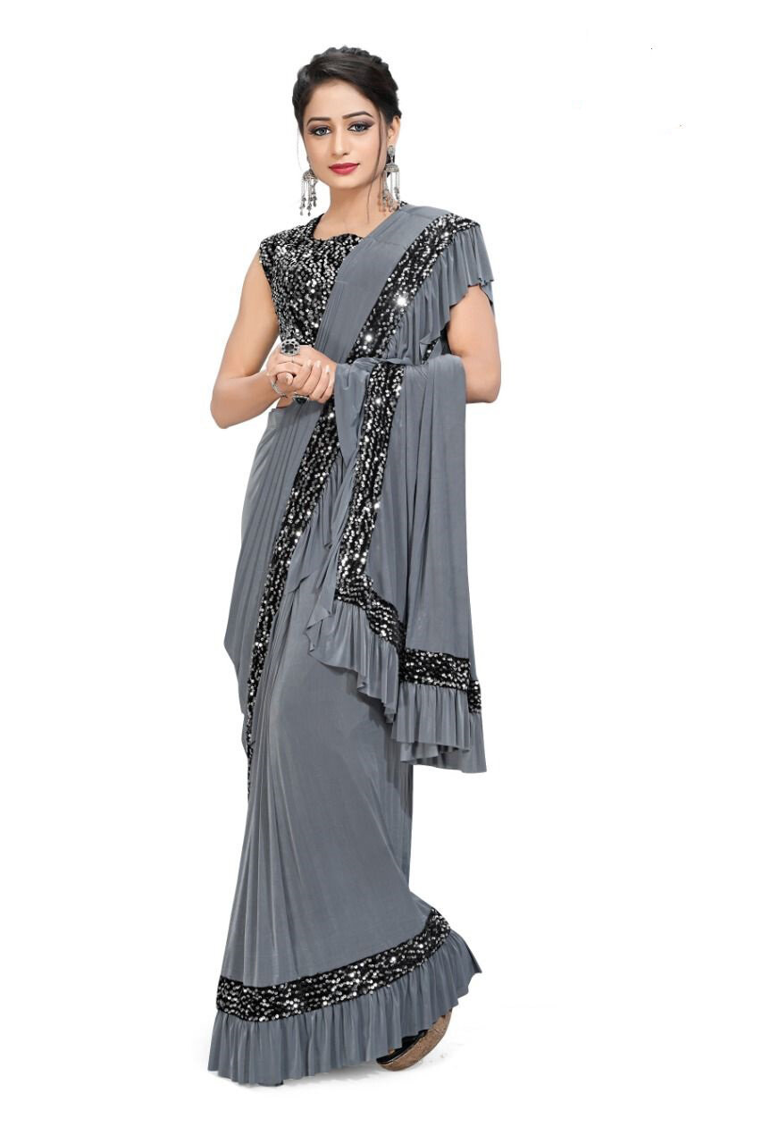 Ready To Wear Imported Lycra Saree In Grey