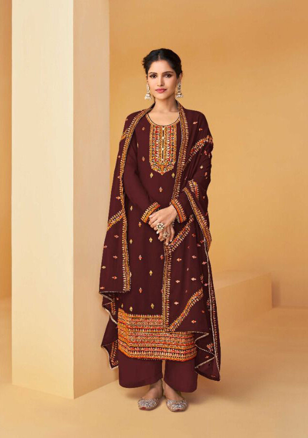 Real Georgette Thread Embroidery Work Plazzo Suit In Deep Maroon