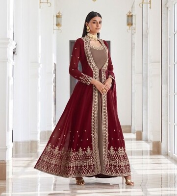 Beautful Embroidered Embellished Eid Special Real Georgette Designer Anarkali Suit In Maroon