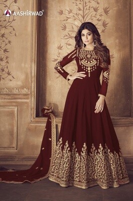 Beautiful Dark Maroon Chain Stitched Embroidered Real Georgette Anarkali Suit
