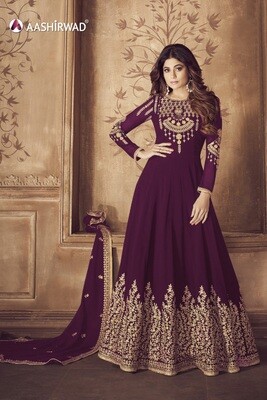 Chain Stitched Embroidered Real Faux Georgette Chain Stitched Embroidered Anarkali Suit In Purple