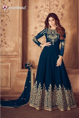 Dark Blue Real Faux Georgette Chain Stitched Embroidered Anarkali Suit
