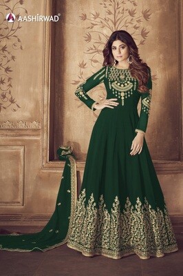 Real Faux Georgette Chain Stitched Embroidered Anarkali Suit In Dark Green