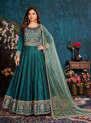 Beautiful Art Silk Embroidered Anarkali Suit In Teal Blue