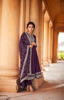 Pure Russian Silk Cord Embroidered Anarkali Suit In Purple