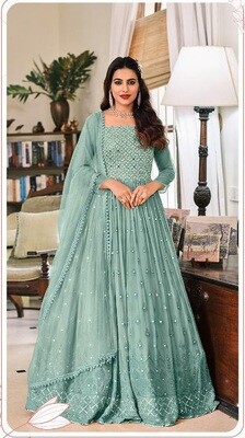 Pure Georgette Heavy Embroidered Gown Suit In Blue