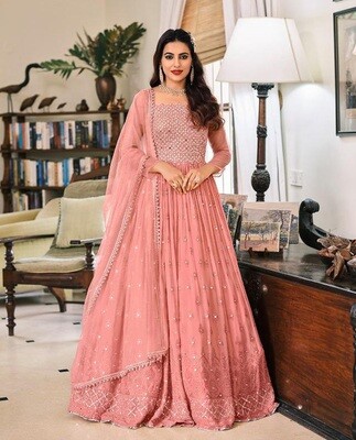 Pure Georgette Heavy Embroidered Gown Suit In Carrot Pink