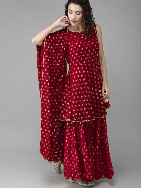Red Rayon Printed Sharara Suit