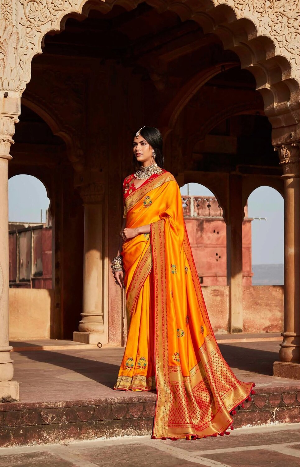 Resham Work Silk Saree In Orange Red