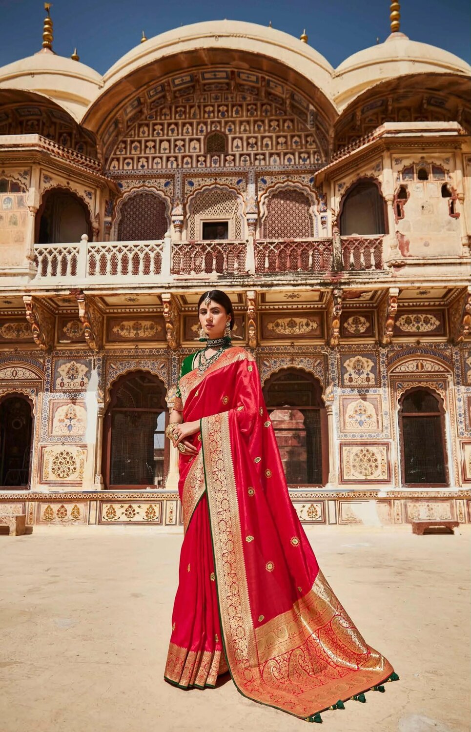 Resham Work Silk Saree In Red