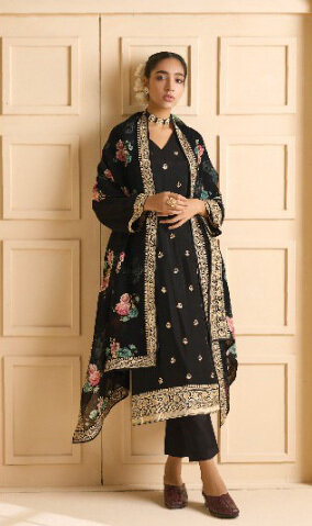 Russian Silk Digital With Embroidered Plazzo Suit In Black