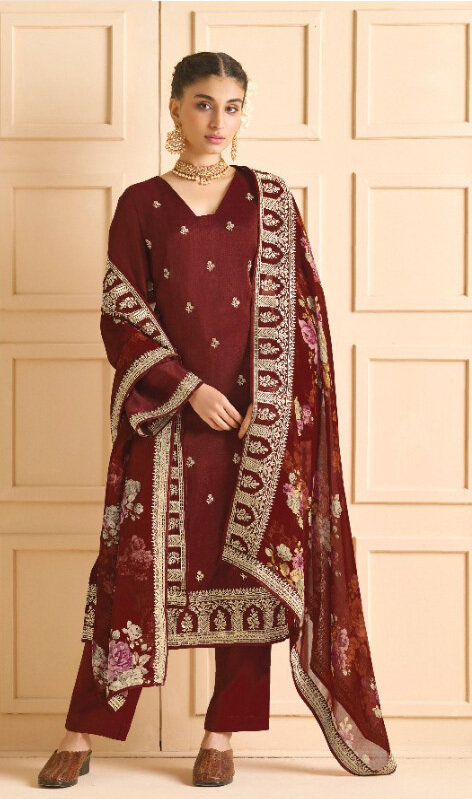 Russian Silk Digital With Embroidered Plazzo Suit In Brown