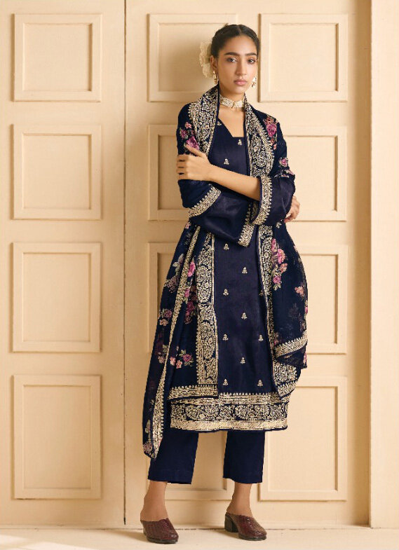Russian Silk Digital With Embroidered Plazzo Suit In Dark Blue
