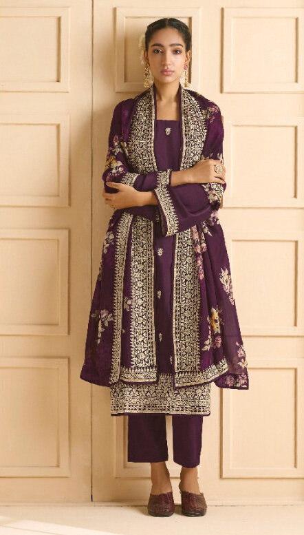 Russian Silk Digital With Embroidered Plazzo Suit In Purple