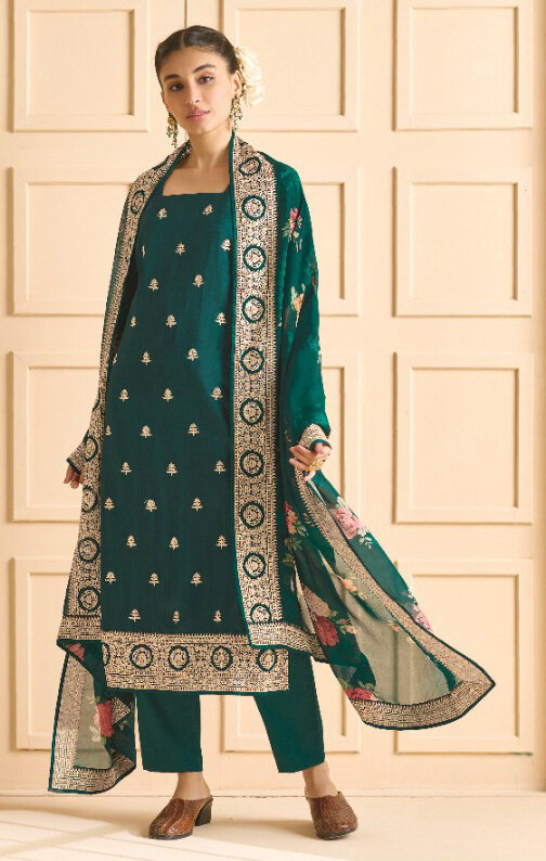 Russian Silk Digital With Embroidered Plazzo Suit In Teal Blue