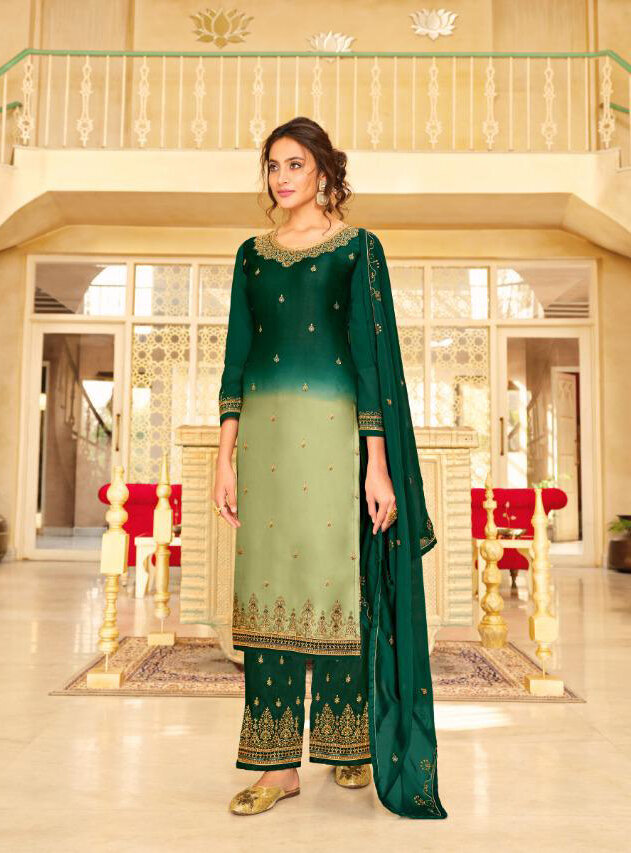 Satin Georgette Embroidered Plazzo Suit In Green