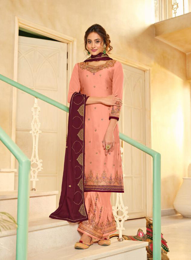 Satin Georgette Embroidered Plazzo Suit In Peach