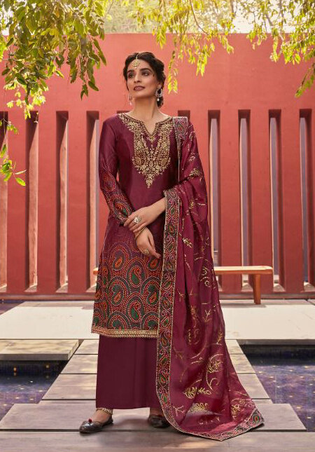Satin Plazzo Suit With Digital Print Embroidered In Brick Red