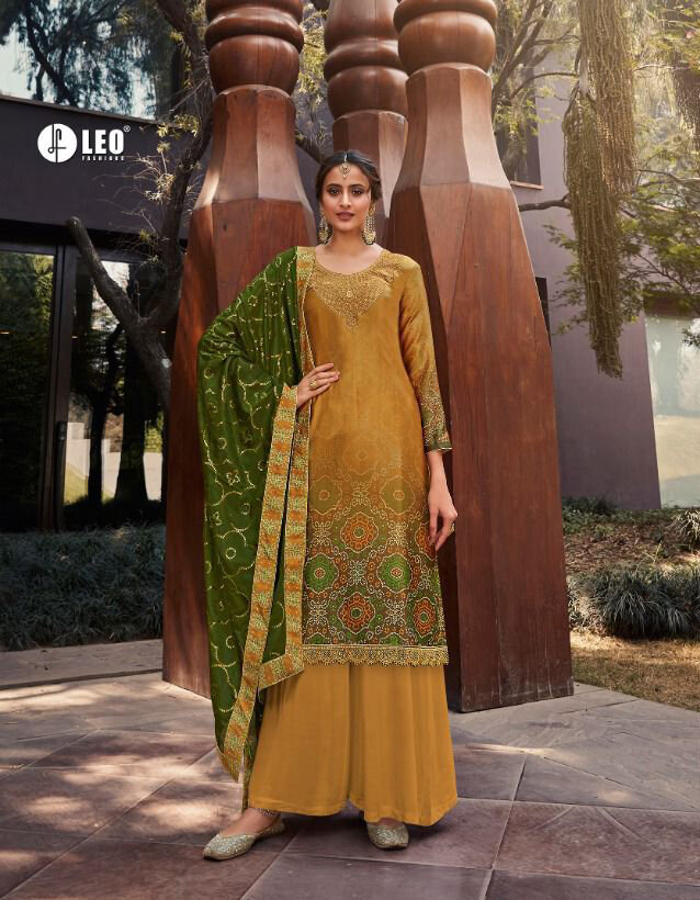 Satin Plazzo Suit With Digital Print Embroidered In Mustard Yellow Green