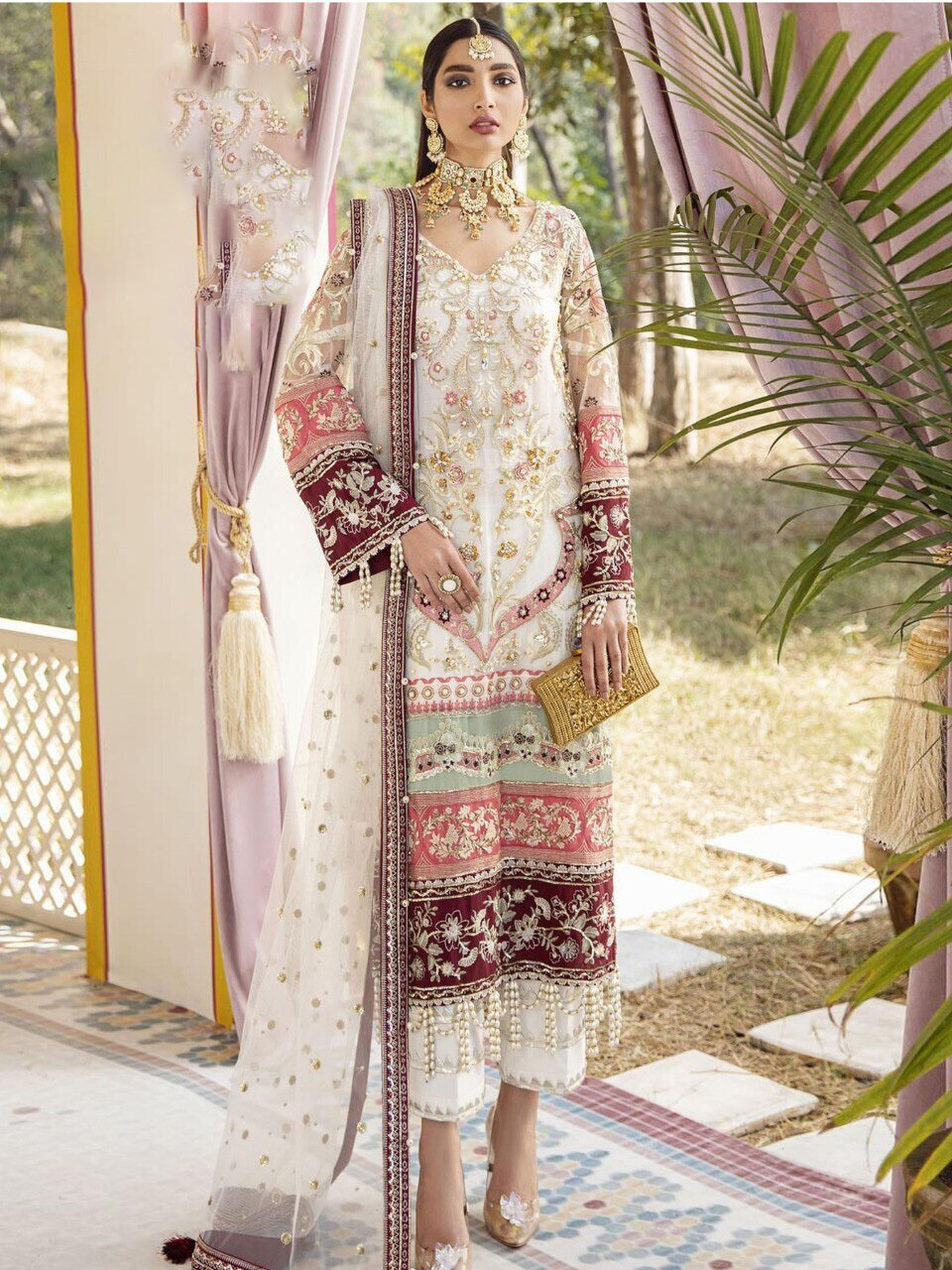 Sequence Embroidered Butterfly Net Pakistani Suit In White