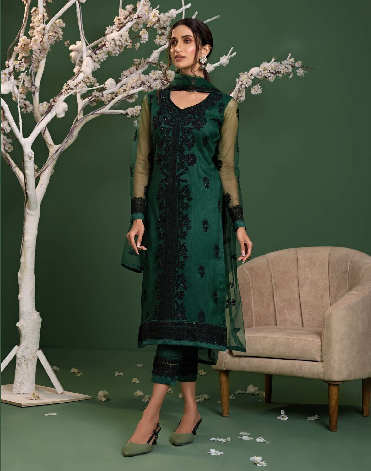 Sequence Embroidered Net Pakistani Suit In Green