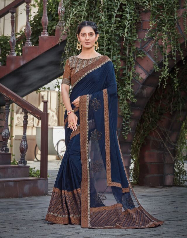 Silk Embroidered Saree In Royal Blue And Brown