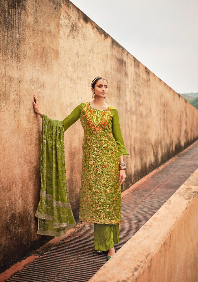 Silk Minakari Jacquard Dyed Plazzo Suit In Green