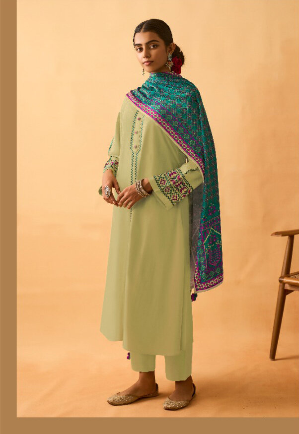 Staple Twill Pashmina Plazzo Suit With Embroidered In Lime Green
