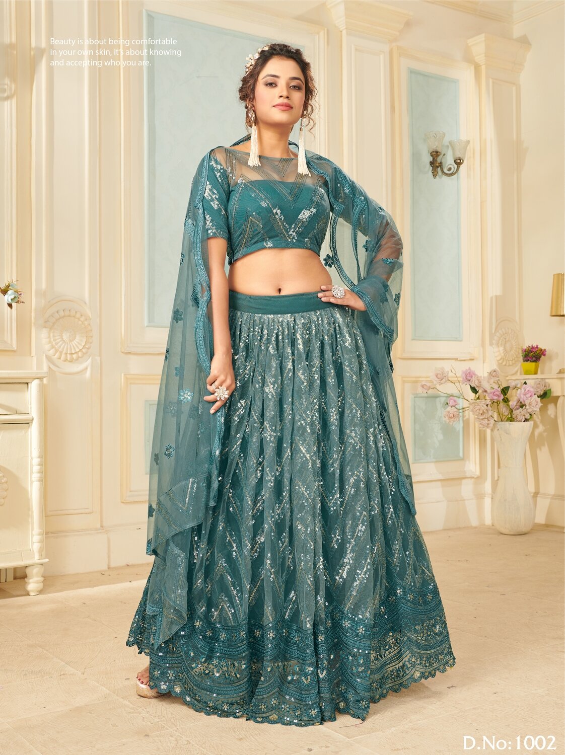 Stunning Grey Blue Wedding Wear Premium Soft Net Sequence Embroidered Lehenga Choli