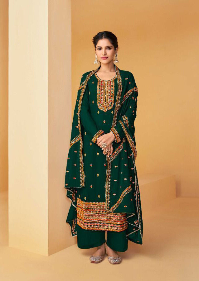 Thread Embroidered Real Georgette Plazzo Suit In Dark Green