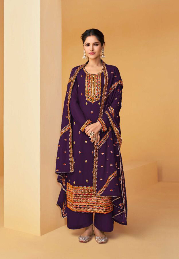 Thread Embroidery Work Real Georgette Plazzo Suit In Purple