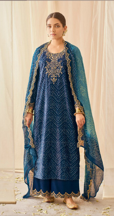 Velvet Digital Printed Pitta Embroidered Plazzo Suit In Navy Blue